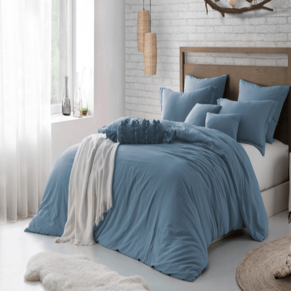 3 Pieces Crinkle Prewashed Duvet Cover Set - Blue