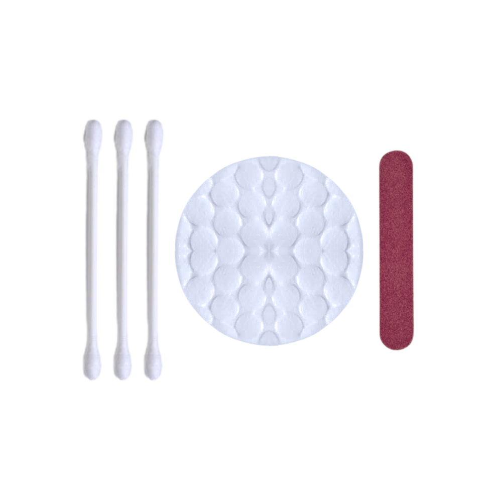 Travel-size vanity kit with cotton pads, swabs, and nail file, hygienically packed for boutique hotels and luxury stay