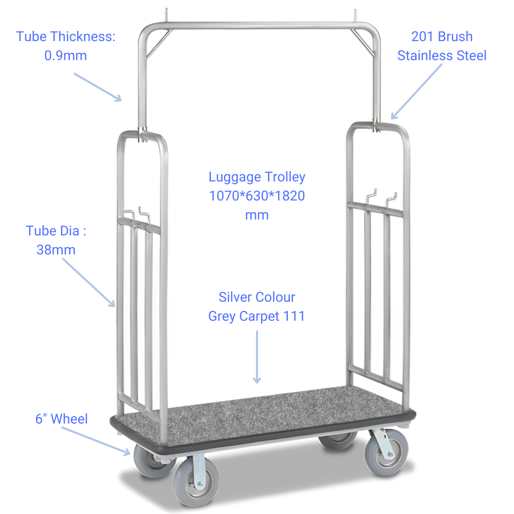 Stainless Steel Bellman Luggage Trolley - Sliver Plated with Crowned Top - Measurements