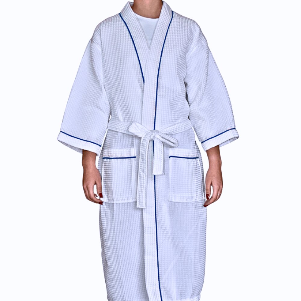 Waffle Kimono Bathrobe with blue stripes