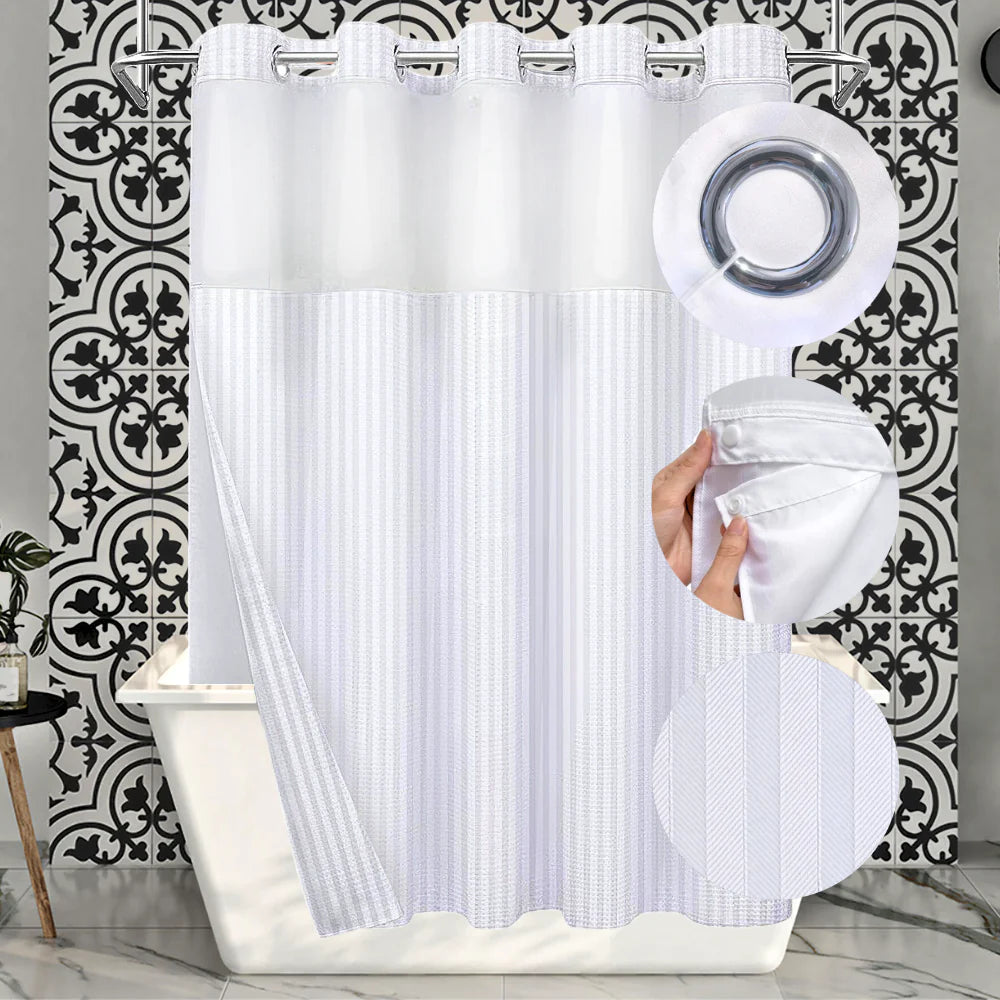 Heavy Duty Hook Less 2 Piece Chrome Rings Shower Curtain with Translucent Window & Removable Snap-On Liner - Herringbone