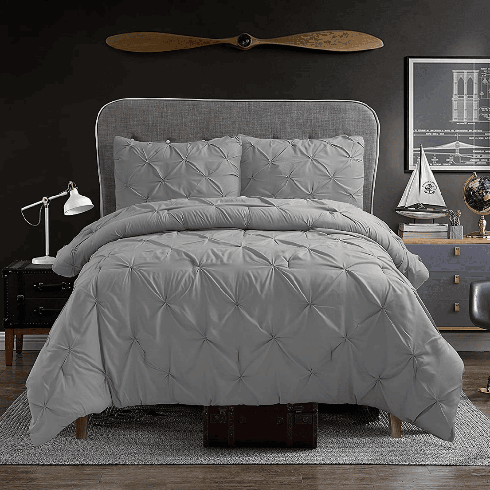Luxurious 3pc Pintuck Duvet Cover Set - Grey