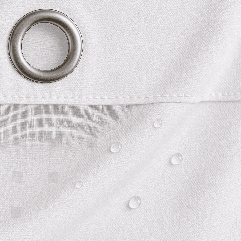 Professional white hookless shower curtain, 72×86", featuring waffle texture and window panel for upscale hotel bathrooms