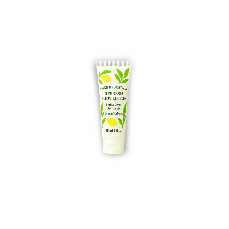 Travel-size guest lotion with lemon verbena, designed for upscale hotel rooms and premium short-stay rentals