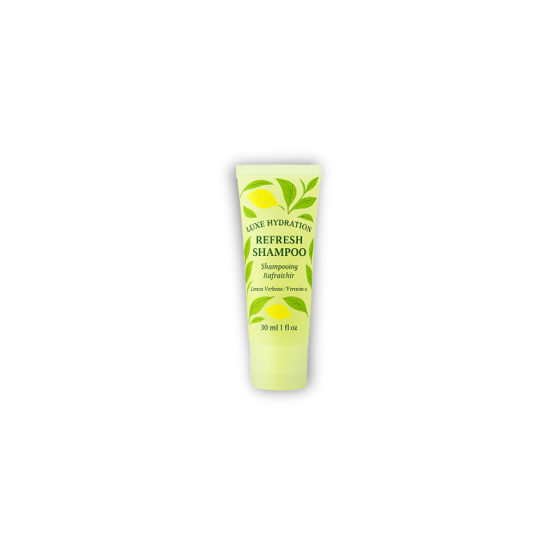 Travel-size 30ml shampoo with lemon verbena scent, perfect for boutique hotel bathrooms and hospitality toiletry kits