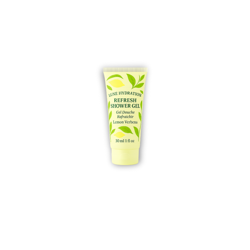 Bulk hospitality shower gel in 30ml lemon verbena formula, perfect for hotel guest bathrooms and travel toiletry sets