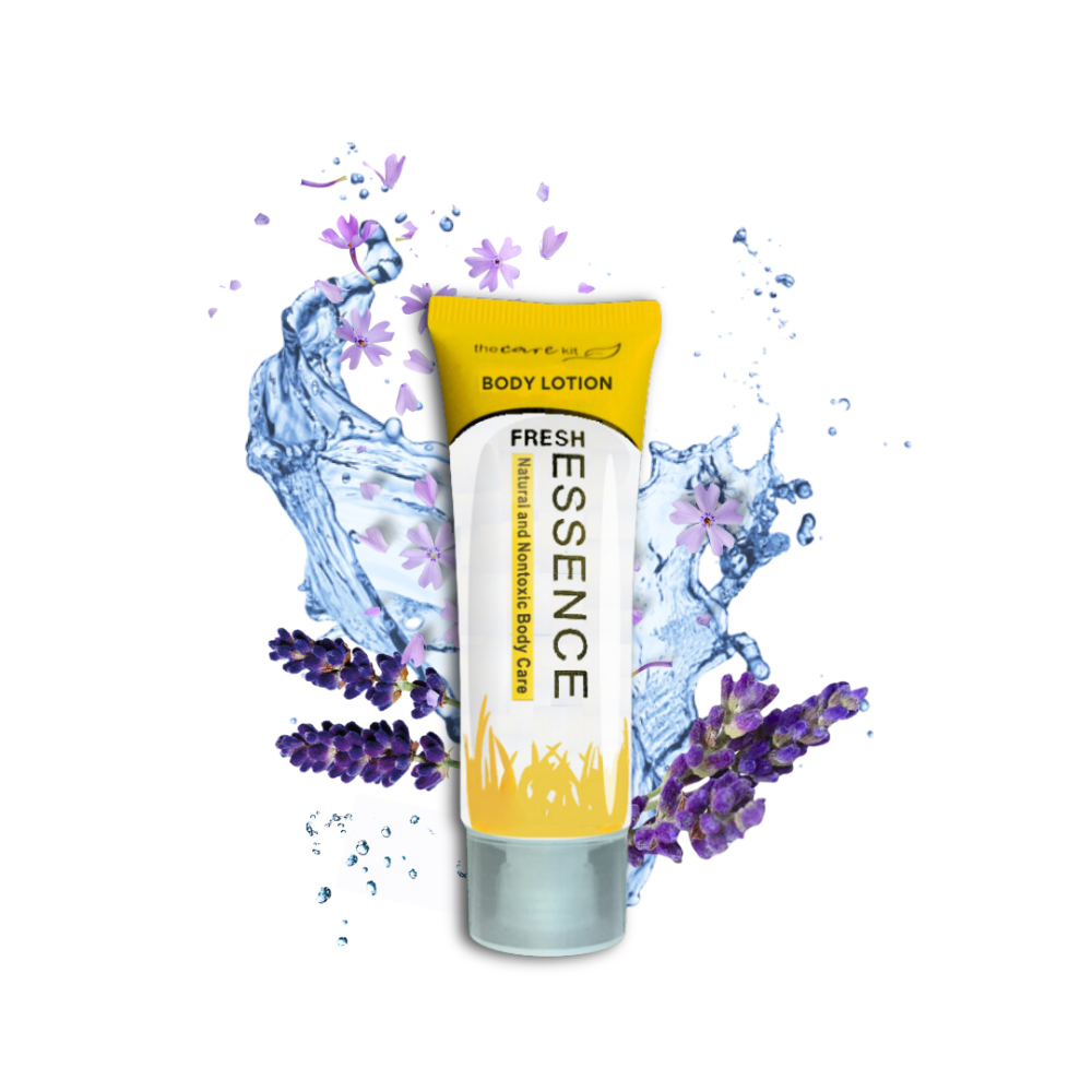 Lightweight Fresh Essence body lotion in 30ml size, soothing essential oils and elegant scent for guest skincare routines