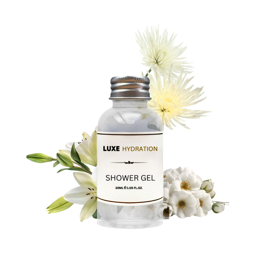 30ml shower gel in compact tube, gentle on skin with clean scent, ideal for hotel amenities and vacation rental toiletry kits