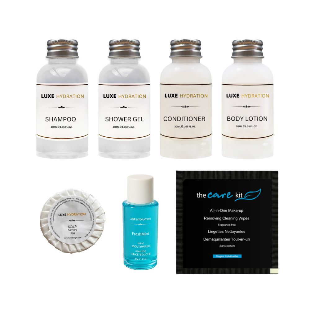 Complete hospitality toiletry kit with shampoo, shower gel, conditioner, lotion, guest soap, mouthwash and cleansing wipe.