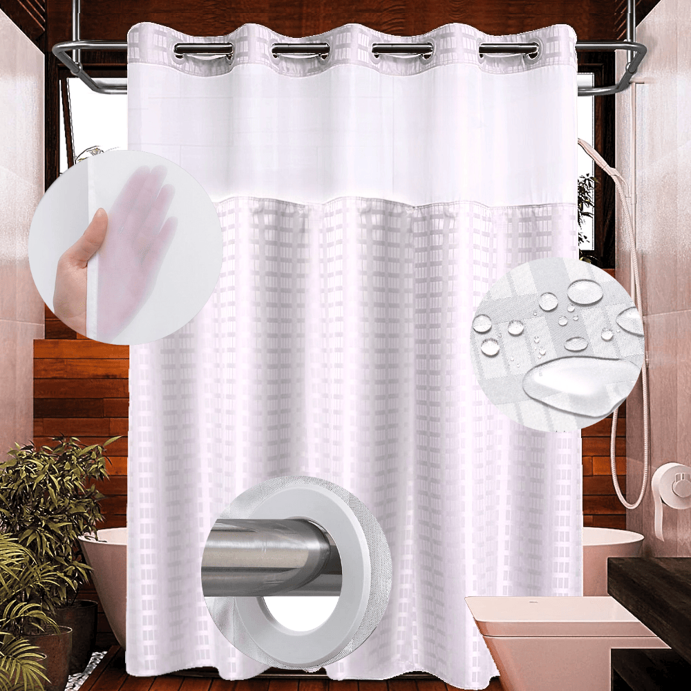 Hook Less Shower Curtain 1 Piece with Translucent Window - White Lattice