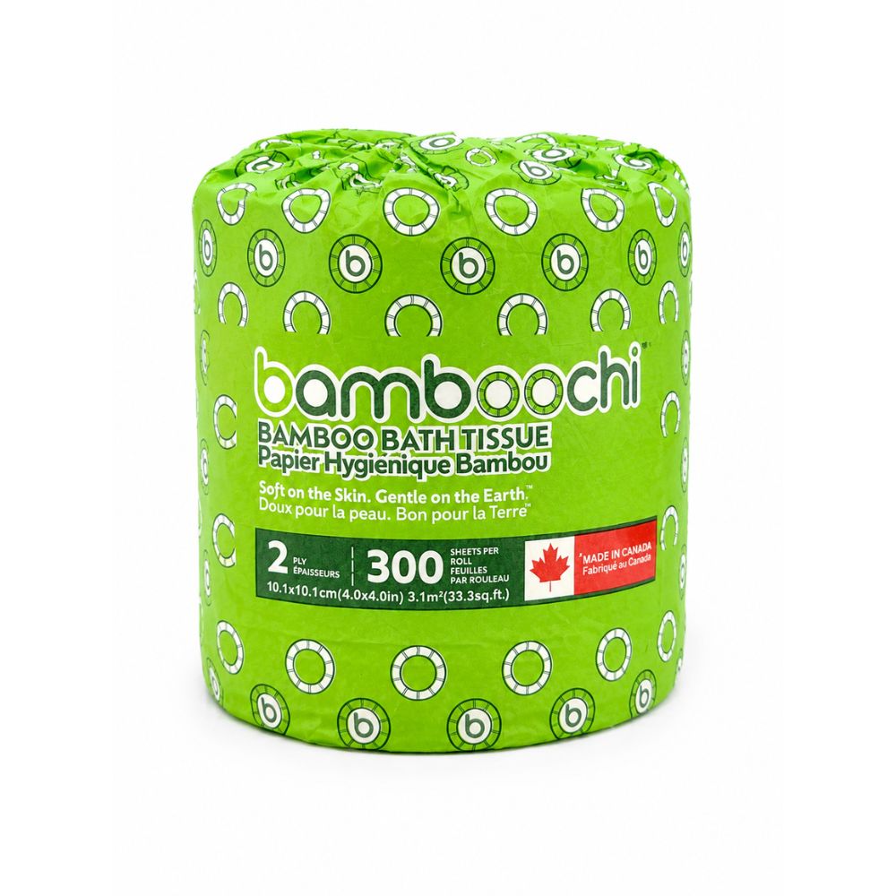 Bamboochi 2-ply bamboo bath tissue, 300 sheets per roll, Canadian-made toilet paper for hotels, motels, offices and commercial washrooms.