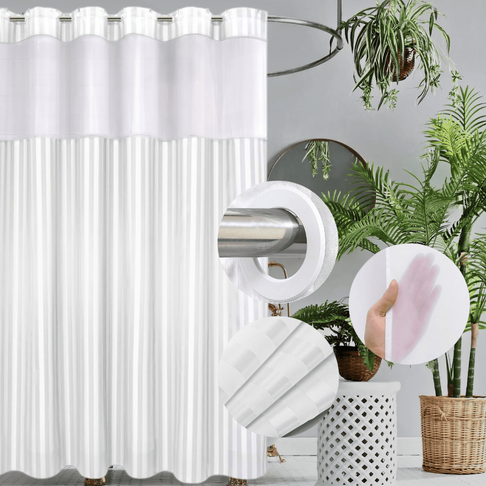 Hook Less Shower Curtain 1 Piece with Translucent Window - White Stripes