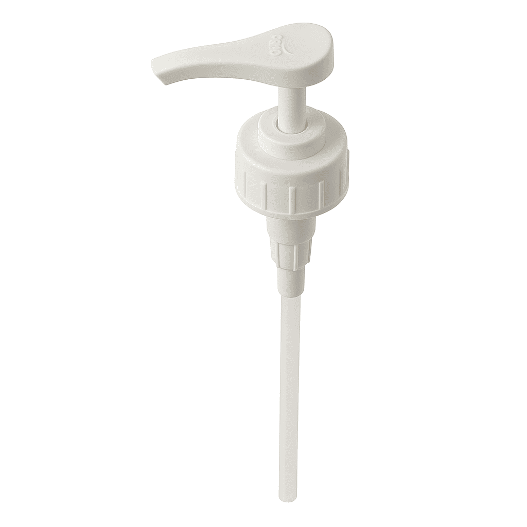 13-inch white amenities pump for hotel shampoo and lotion bottles, designed for efficient dispensing in guest bathrooms