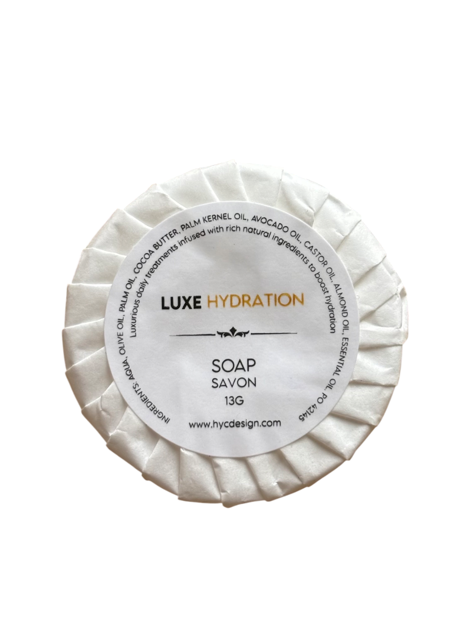 Luxe Hydration Soap 13g wrapped, ideal for hotels, spas, or Airbnb guest bathroom essentials.