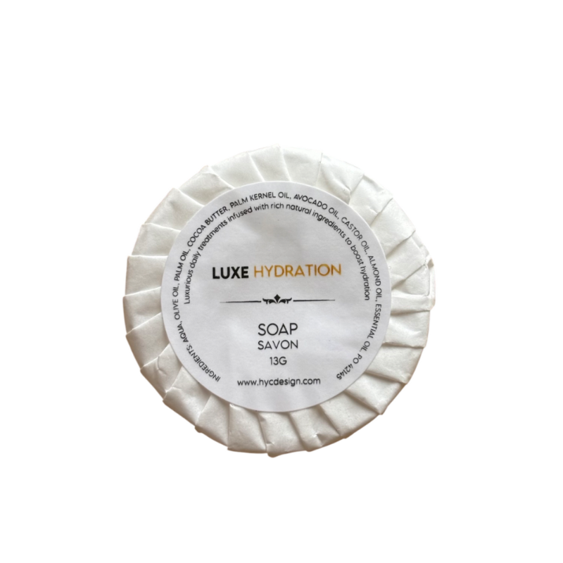 Luxe Hydration Soap 13g wrapped, ideal for hotels, spas, or Airbnb guest bathroom essentials.