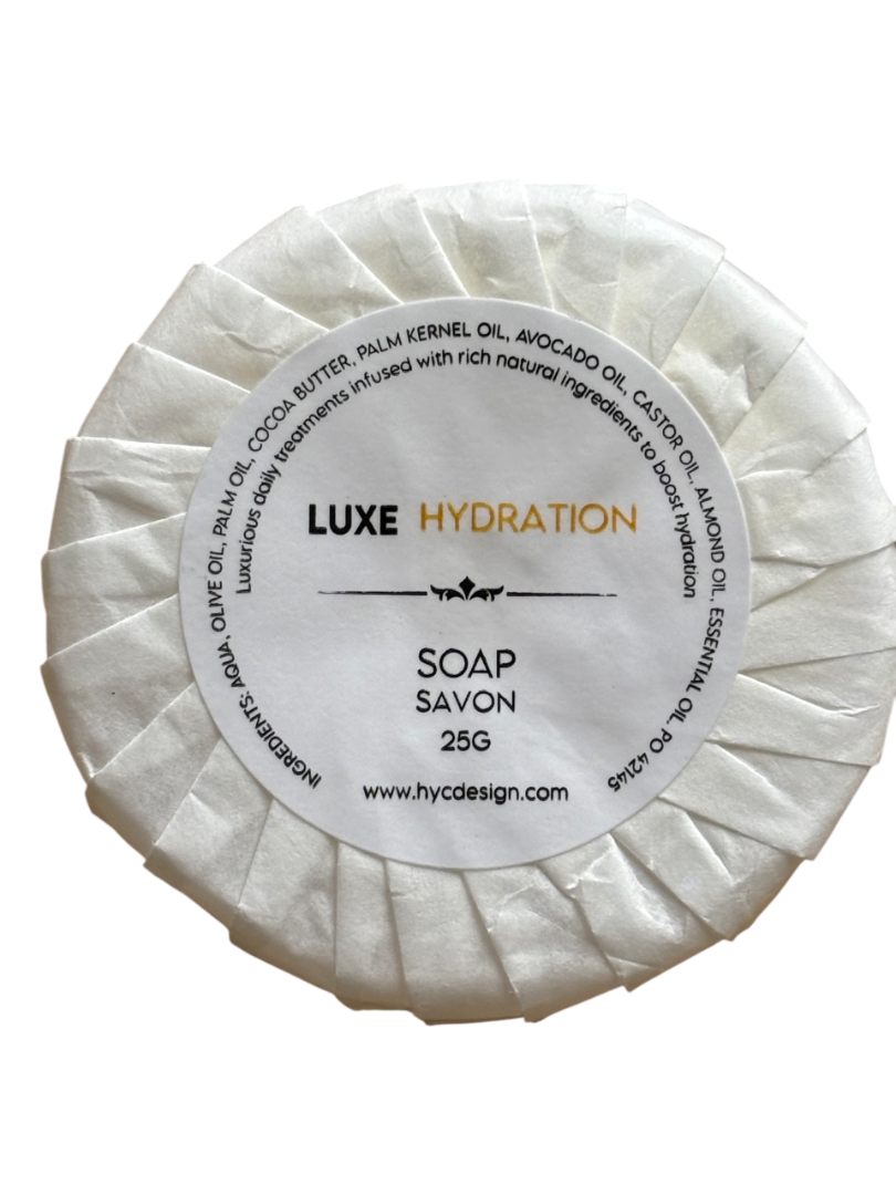 25g Luxe Hydration Soap, individually wrapped and ideal for guests bathrooms or Airbnb hosting.
