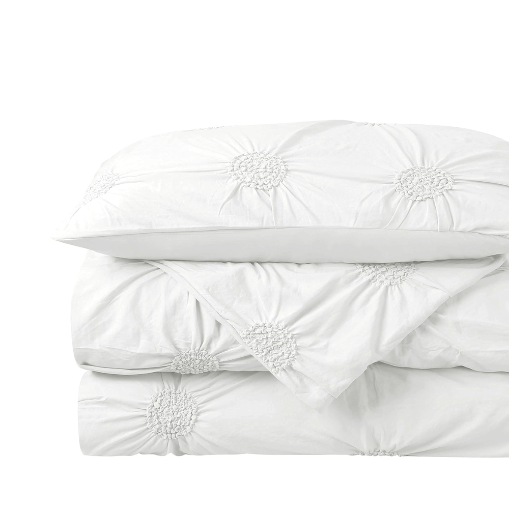 Luxurious Bed Set, Floral Ruched Duvet Cover Set of 3 - white