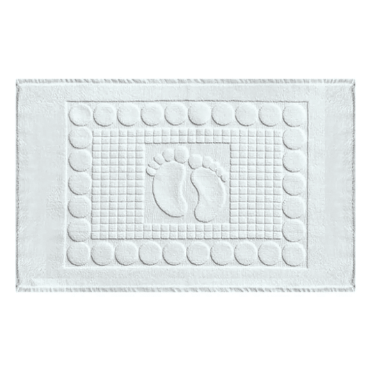 White cotton bath mat with embossed foot design, perfect for hotel bathrooms, luxury hospitality supplies at wholesale prices for bulk orders.