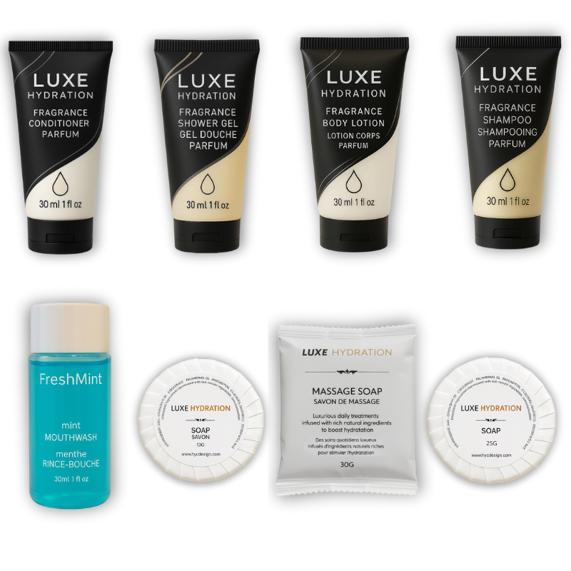 Luxe Hydration amenity set with 800 pieces with elegant scent of bergamot, jasmine, and white tea, perfect for hotel and Airbnb amenities