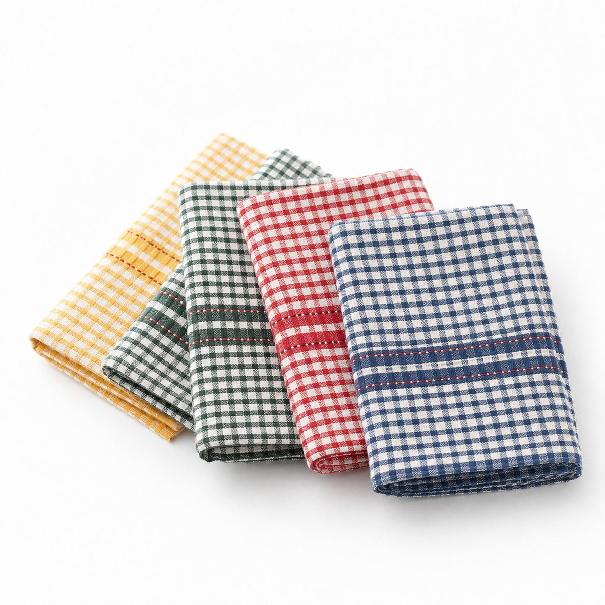 Bulk checkered kitchen towels in blue, red, green and yellow for hotels, restaurants and hospitality use from Canadian Hotel Supplies.