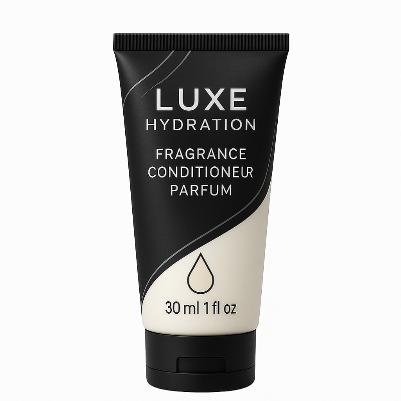 Fragranced conditioner in 30ml tube, softens hair with amber wood and floral scent, perfect for hotel bathrooms
