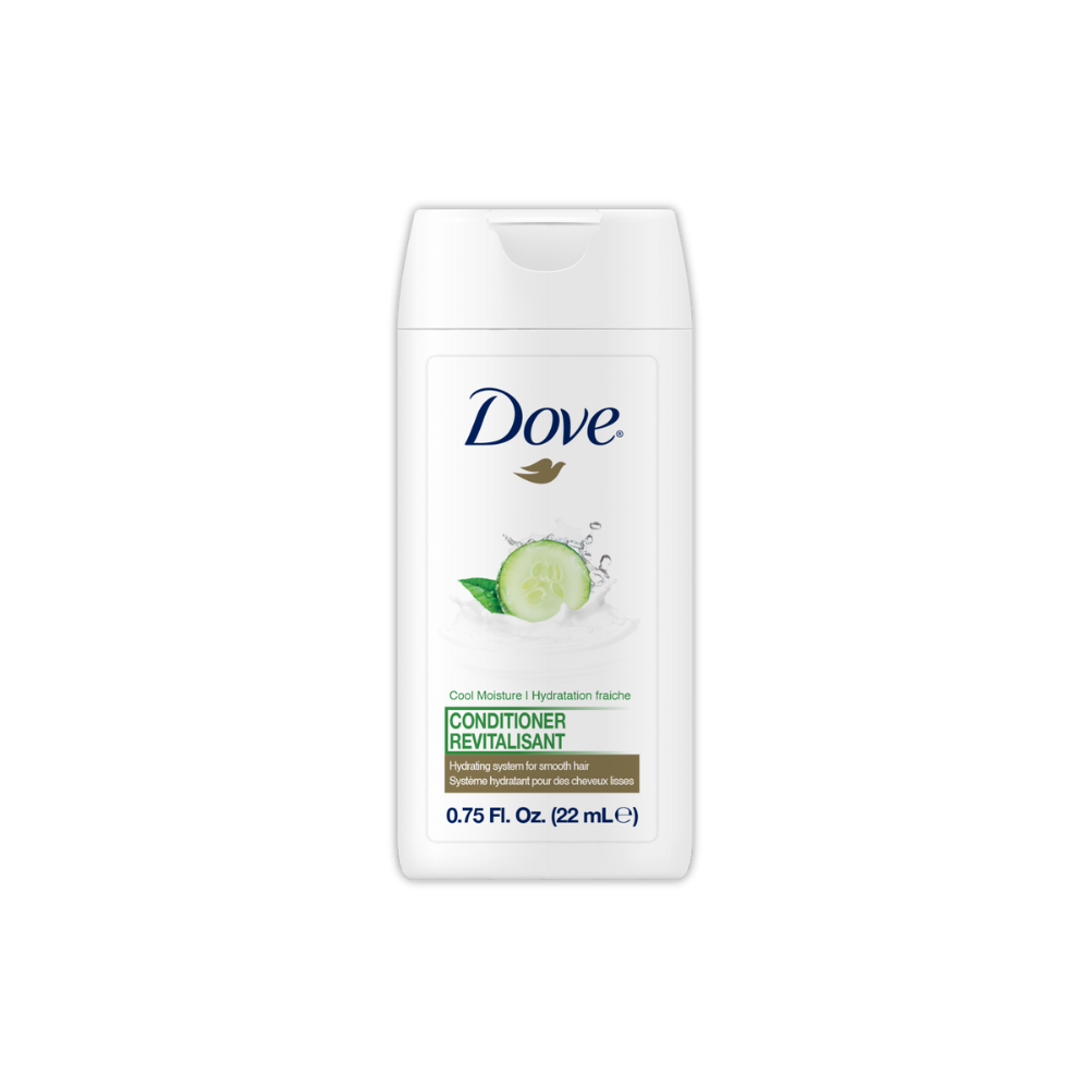 Dove Pro Cucumber Cool Moisture Mini Conditioner 22 mL, hydrating travel-size amenity ideal for hotels, spas, or guest bathroom kits.