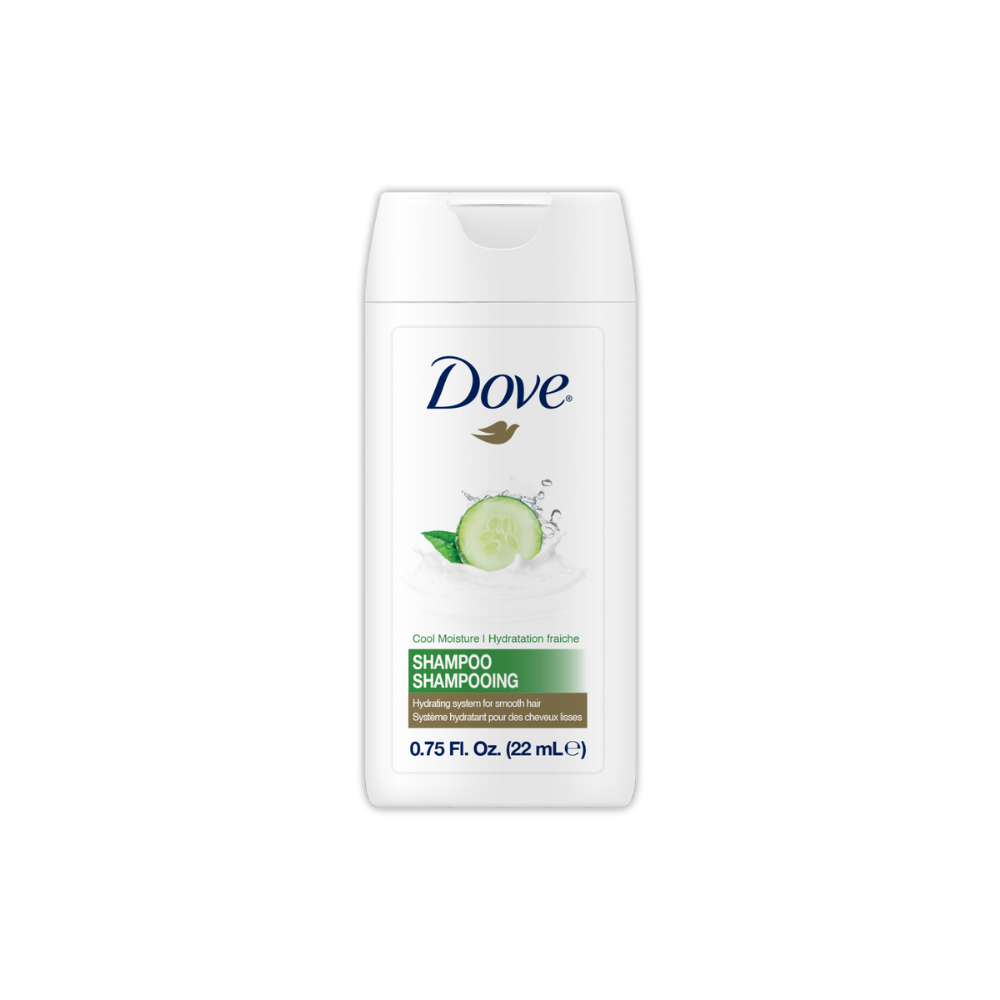 Dove Pro Cucumber Cool Moisture Mini Shampoo 22 mL, hydrating hotel amenity with refreshing scent, ideal for hospitality or travel use.