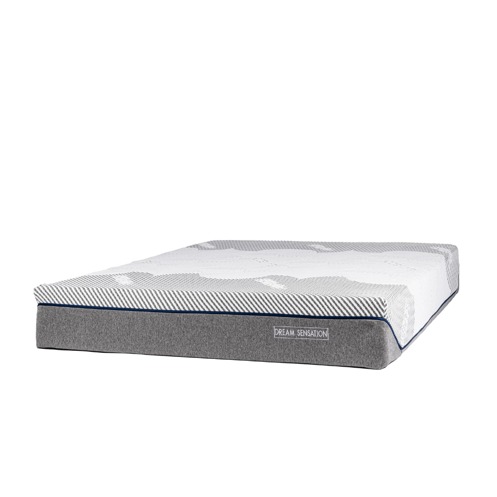 Mattress with a sleek grey base and striped top layer, designed for premium guest comfort, offered by Canadian Hotel Supplies.