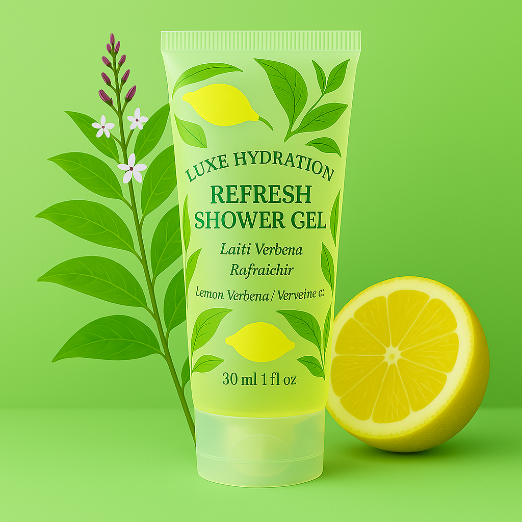 Travel-size 30ml shower gel with lemon verbena blend, ideal for boutique hotels, wellness resorts, and spa retreats