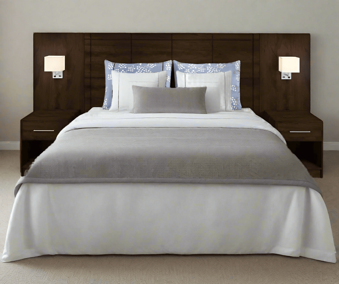 hotel bed, dark wood bed, simple bed, bed frame, hotel bed frame