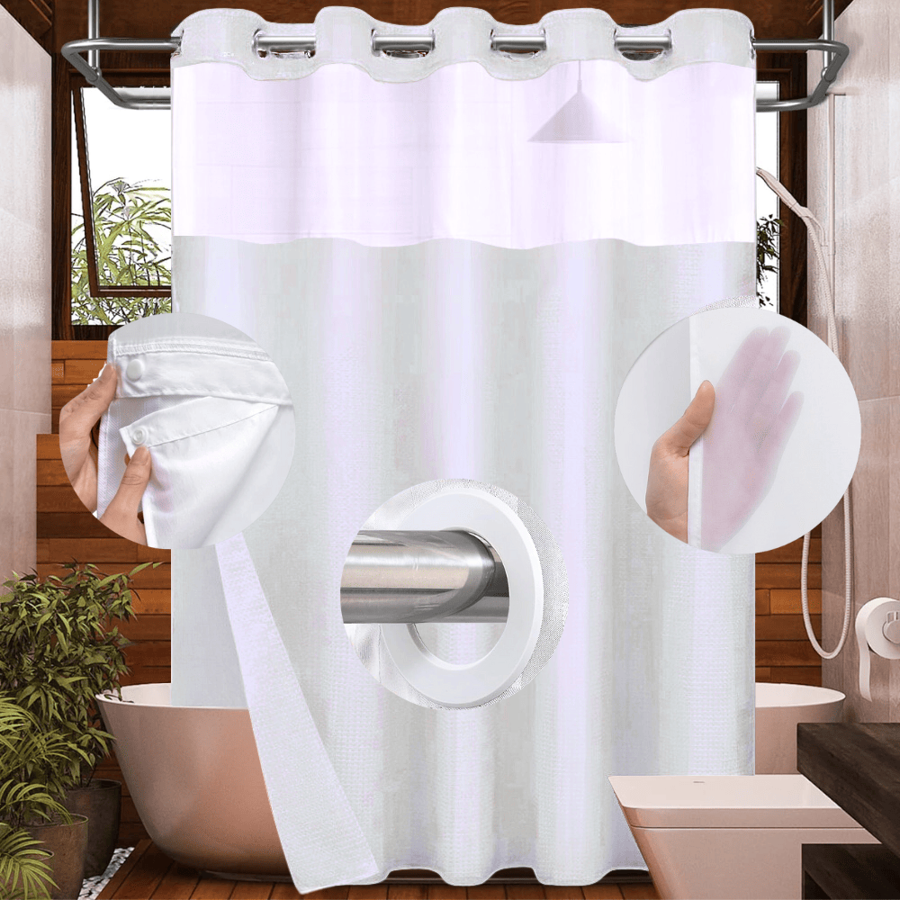 Hook Less Shower Curtain 2 Piece with Translucent Window & Snap-On Liner, for Marriott, Sheraton, holiday inn, bulk orders available
