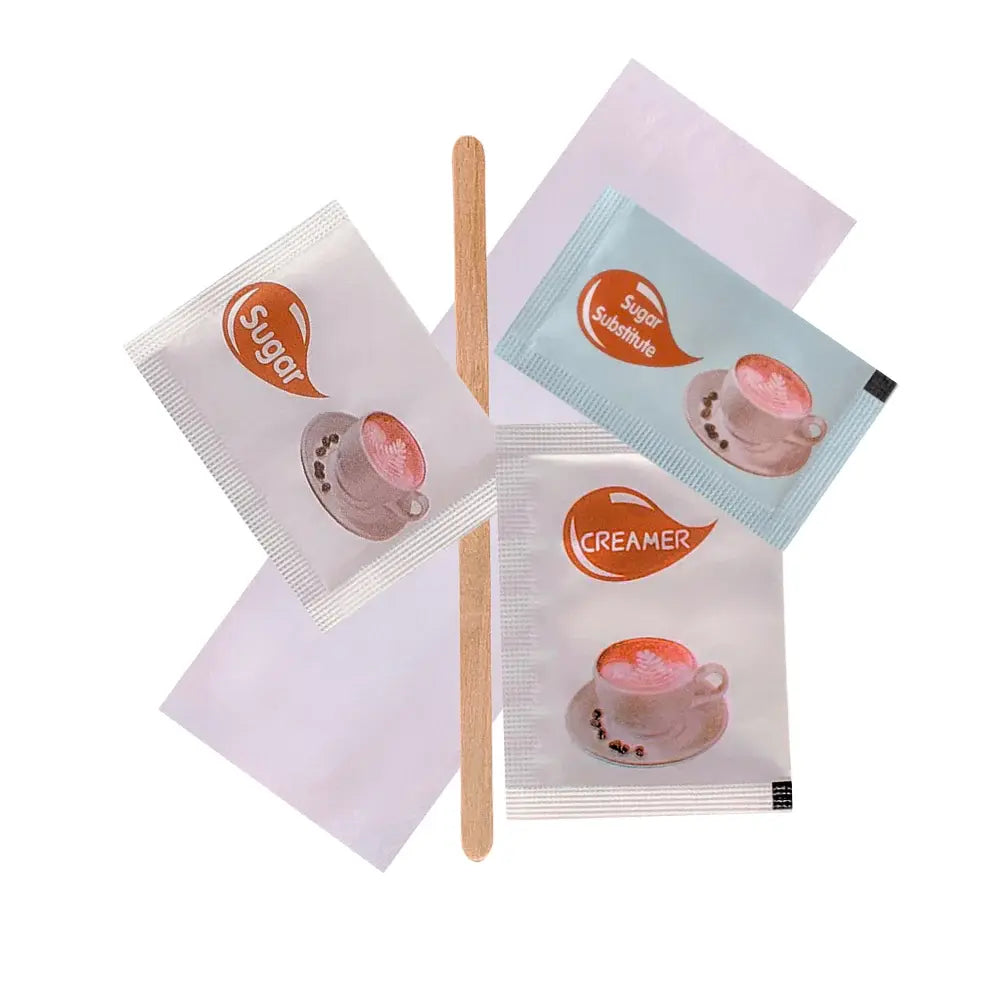 Clear 5pc Condiment Kit - Sugar, Sugar Substitute, Creamer, Woodstick, and Napkin