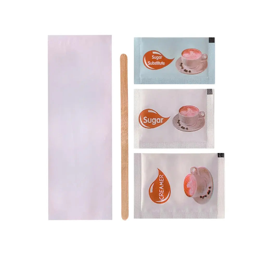 Clear 5pc Condiment Kit - Napkin, Woodstick, Sugar Substitute. Sugar, and Creamer