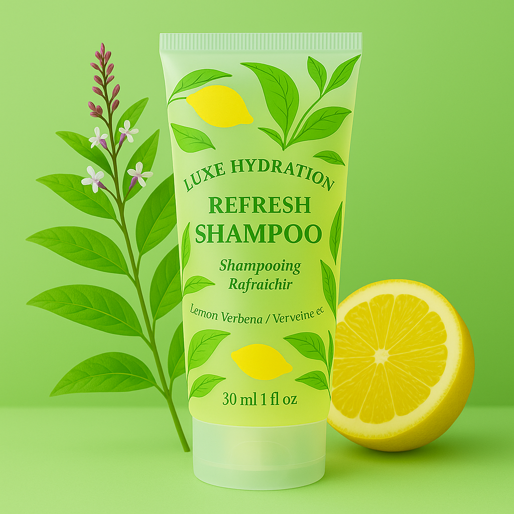 luxe hydration hotel shampoo 30ml with lemon verbena scent. Perfect for Airbnb, vacation rentals, and premium travel amenities.
