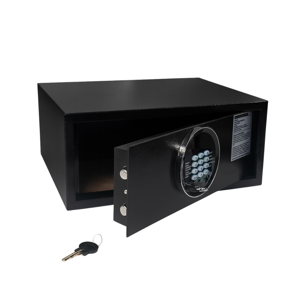 Black security safe box with open door showing dual access: electronic keypad and key.