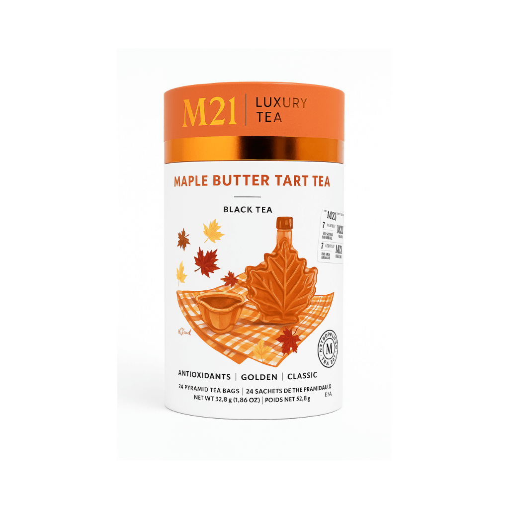 Maple butter tart herbal tea in wholesale tins. Rich and sweet, ideal for cafés, dessert pairings, or retail displays.