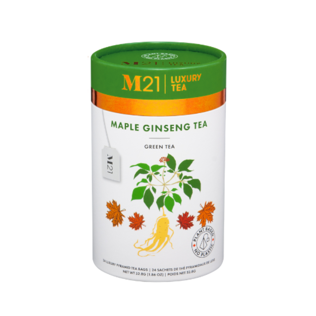 Ginseng maple green tea in bulk tins. Ideal for wellness spas, cafés, and energizing corporate gift sets.