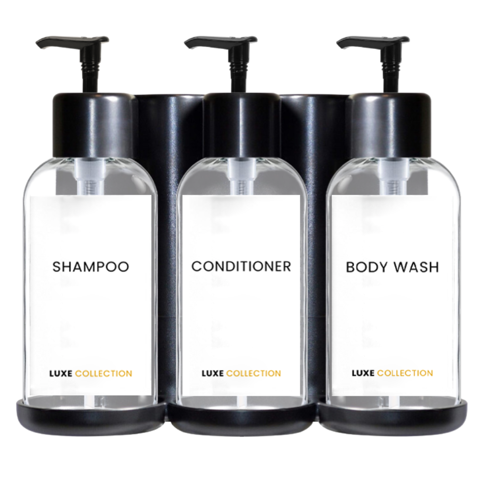 Stainless steel amenities holder for hotel and Airbnb bathrooms, designed to organize guest toiletries with a locking system