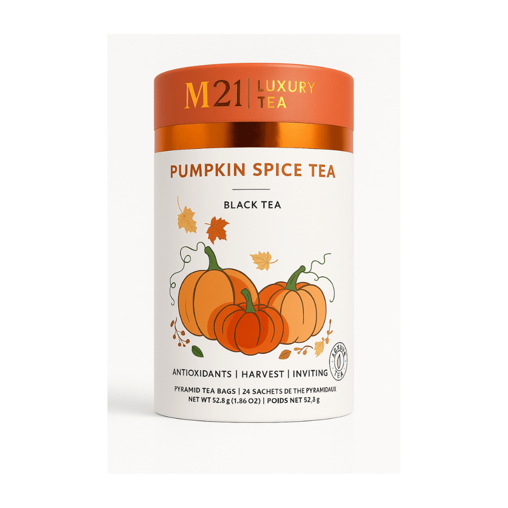 Pumpkin spice tea in bulk. Popular fall flavor for cafés, bakeries, seasonal menus, and boutique gift boxes.