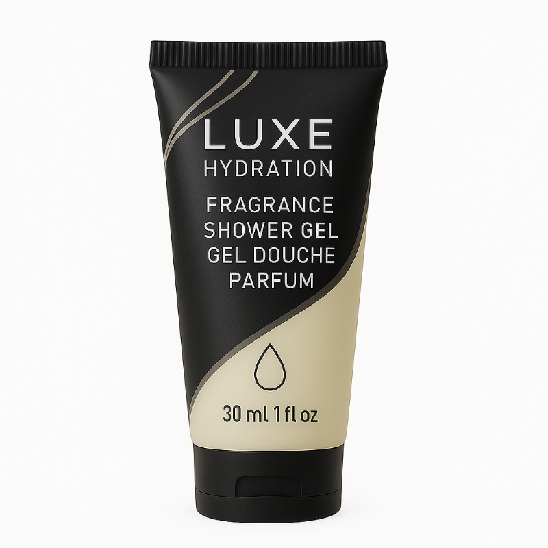 30ml Luxe Hydration shower gel with clean scent blend of neroli and amber, perfect for spa-like guest bathroom experiences