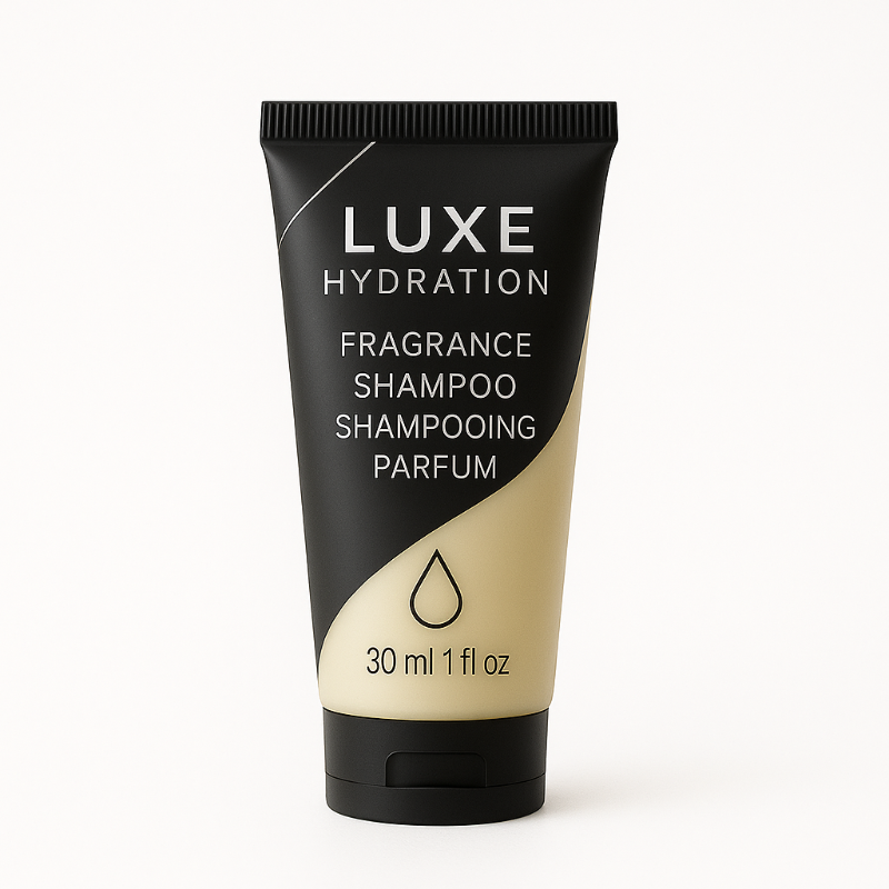 premium quality 30ml shampoo with amber wood scent. Ideal for upscale hospitality kits in hotels, motels, and rental properties.