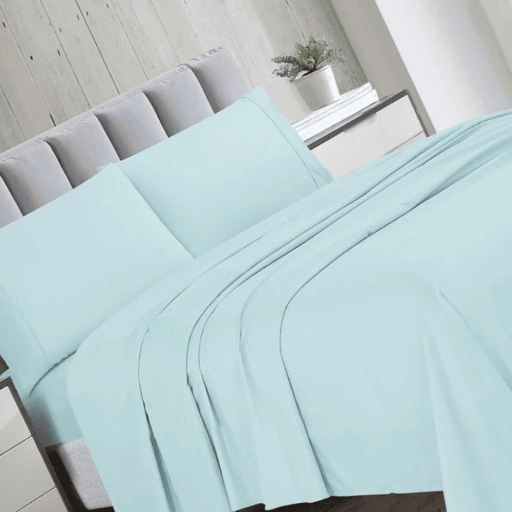 Soft solid-color 4pc bed sheet set, ideal for hotel bedding programs, available in bulk for inns and resorts