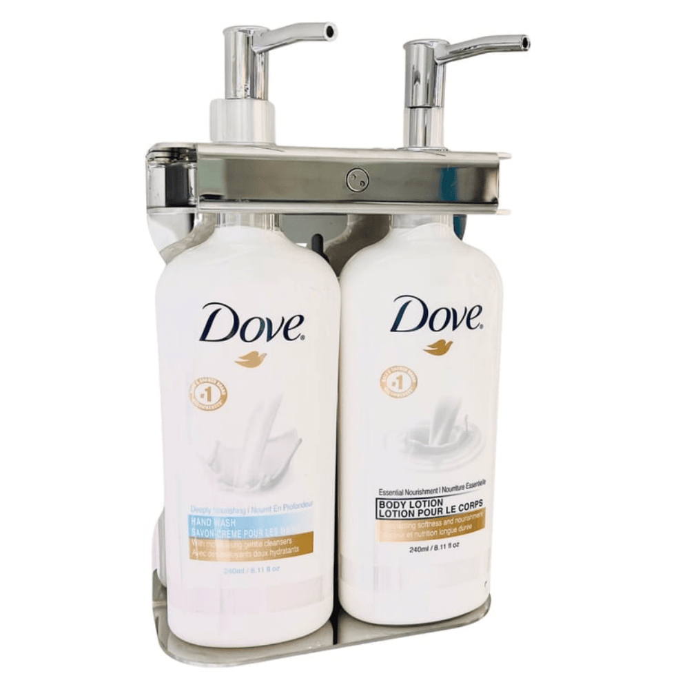 Stainless steel amenities holder for hotel and Airbnb bathrooms, designed to organize guest toiletries and elevate presentation