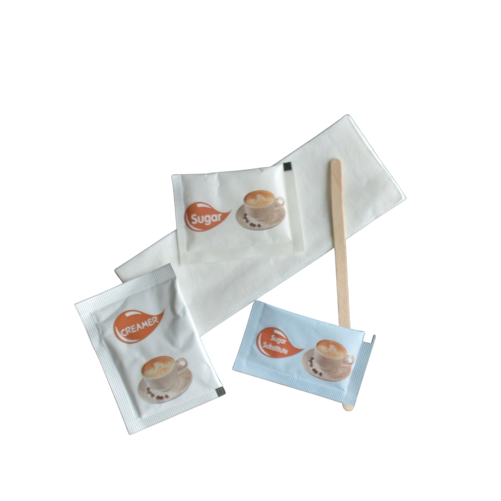5 pc coffee condiment kit with sugar, sweetener, creamer, stir stick, and napkin for hotels, events, and guest rooms