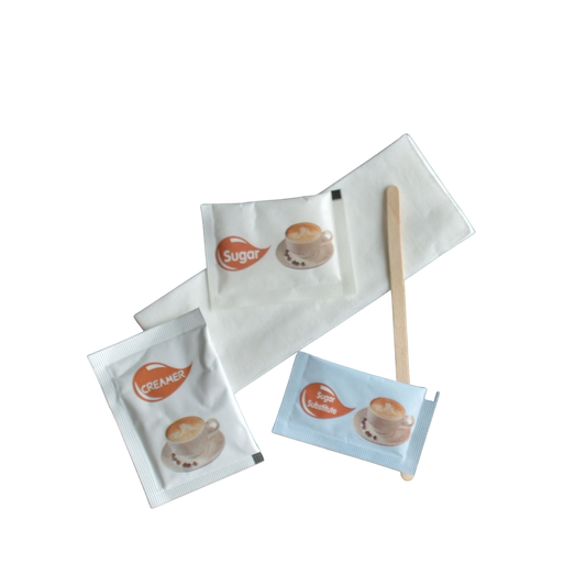 5 pc coffee condiment kit with sugar, sweetener, creamer, stir stick, and napkin for hotels, events, and guest rooms