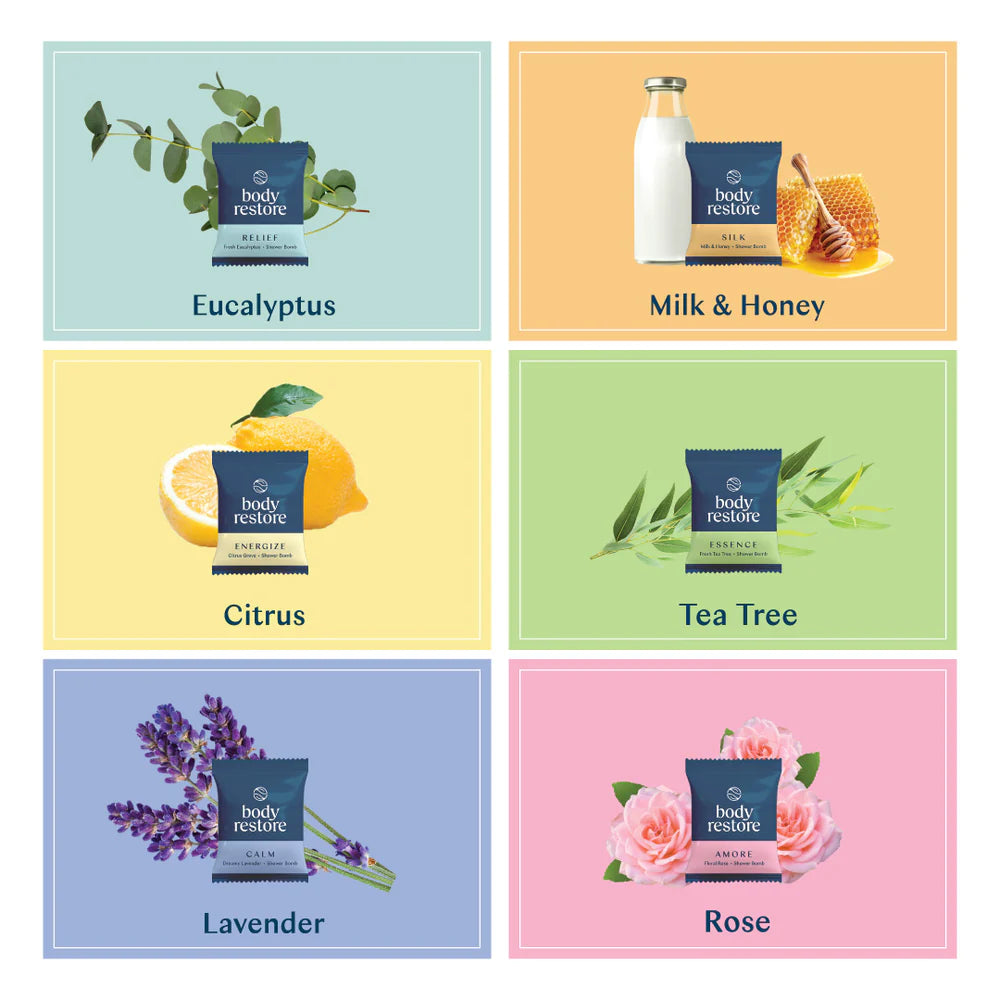 Clarity Shower Bombs - Essential Variety 6-Pack Box - Eucalyptus, Milk & Honey, Citrus, Tea Tree, Lavender, and Rose