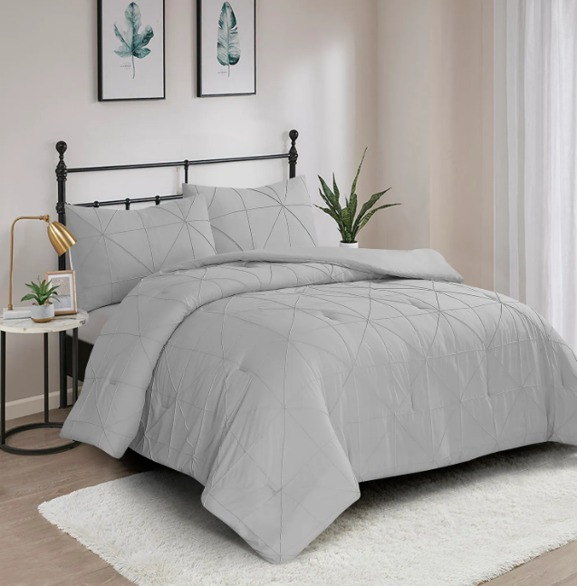 3 Piece Pintuck Comforter Set - Vacuum Pack - Light Grey