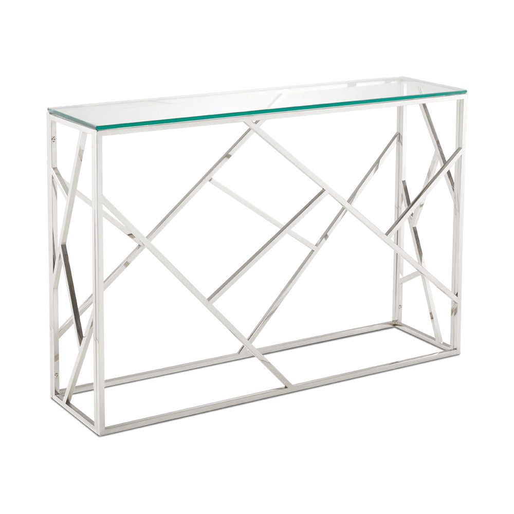 Console Table with geometric chrome metal frame and clear glass top, a modern accent piece ideal for hotel lobbies or entryway décor.