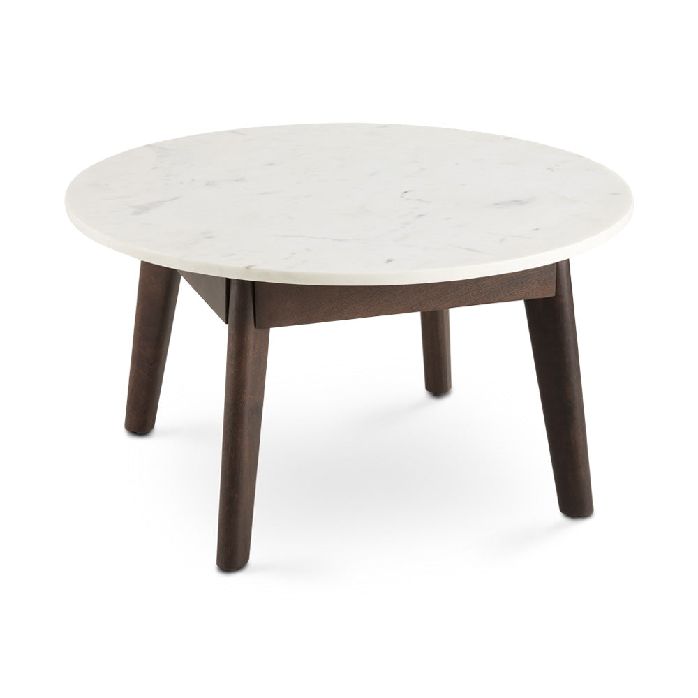 Round coffee table with white marble top and dark wooden legs, perfect for hotel lobbies, lounge areas, or modern living room interiors.