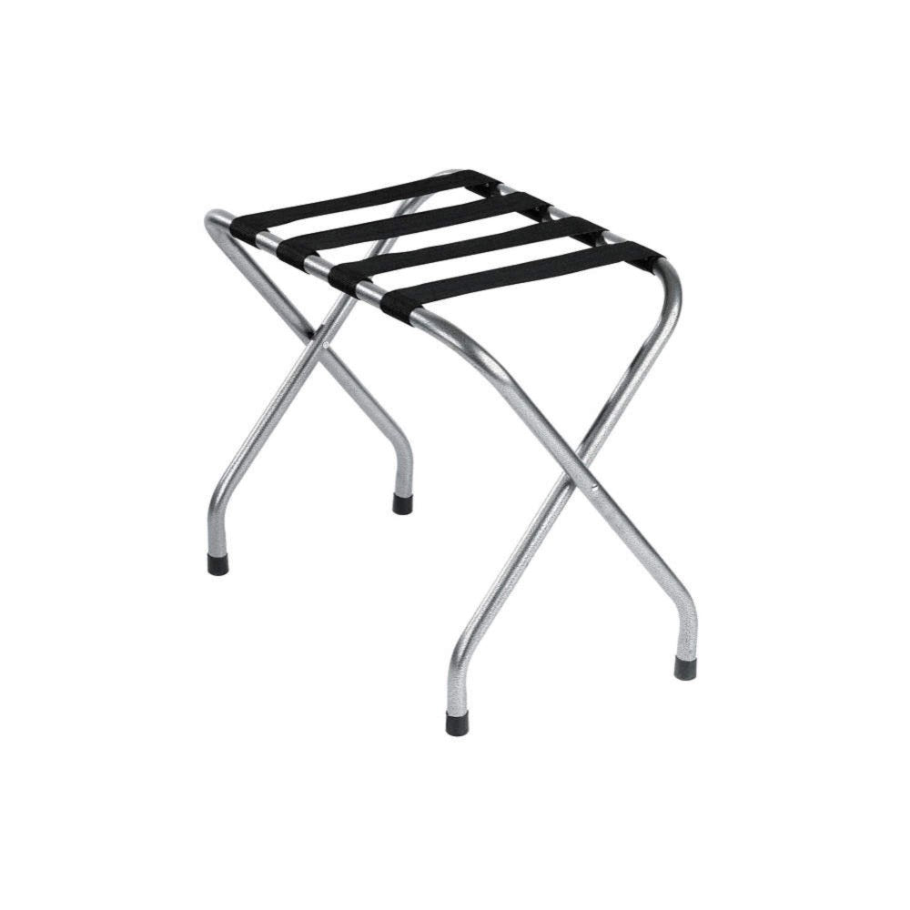 Foldable metal luggage rack with black nylon straps, ideal for hotels, guest rooms, and Airbnbs for convenient suitcase support and storage.